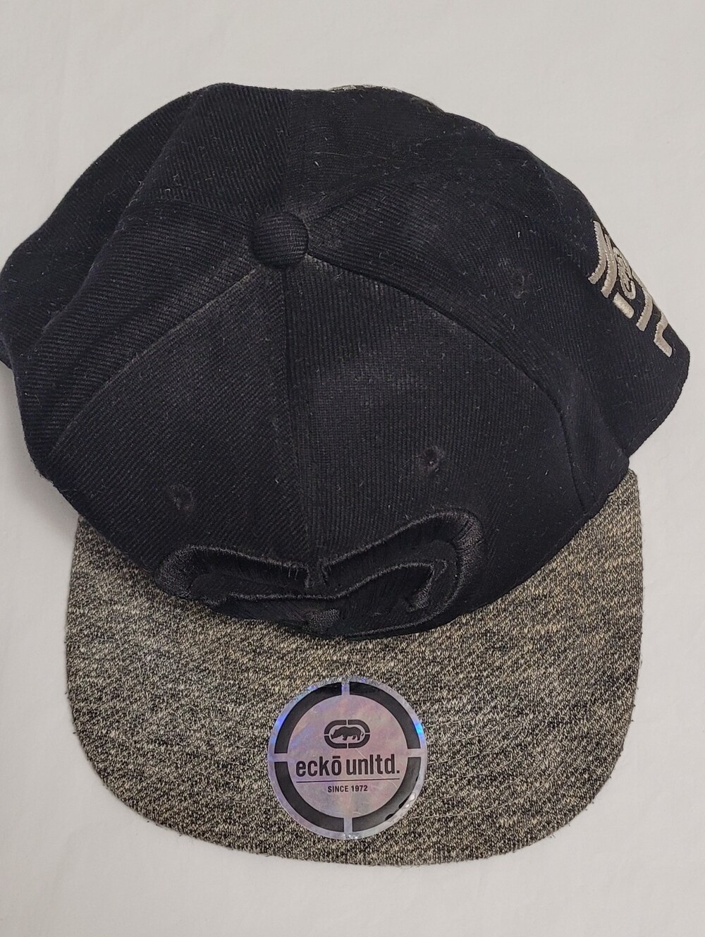 Ecko Unlimited No 72 Black with Heather Gray Bill White Lettering Snapback Cap